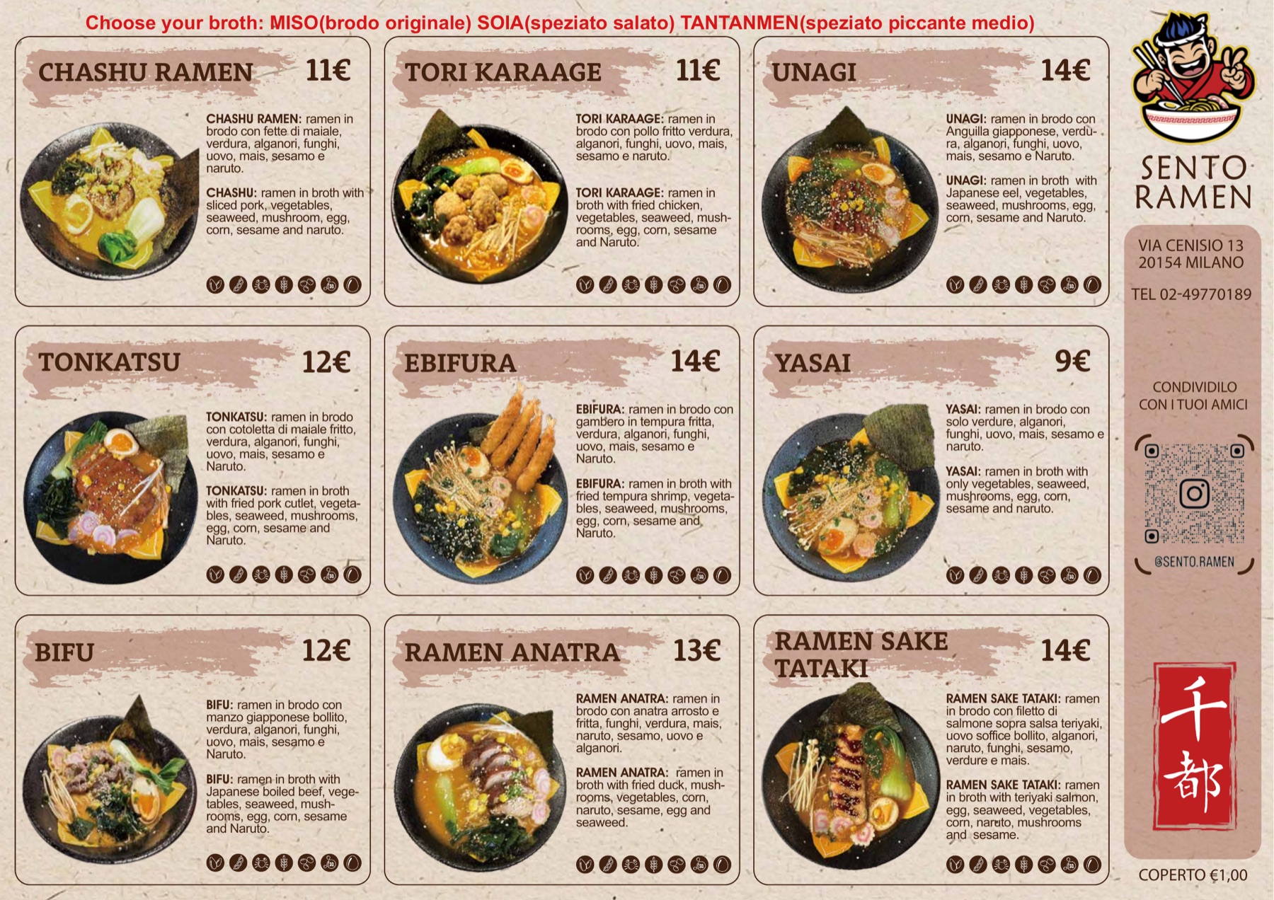 Il menu completo di Sento Ramen: pagina 1, ramen e piatti principali con prezzi